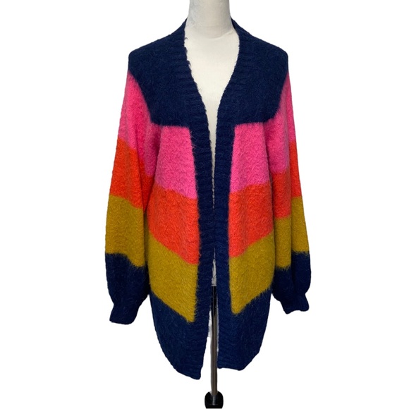 Scotch & Soda Balloon Sleeve Rainbow Stripe Cardigan Cotton Blend Sweater L - Picture 2 of 14